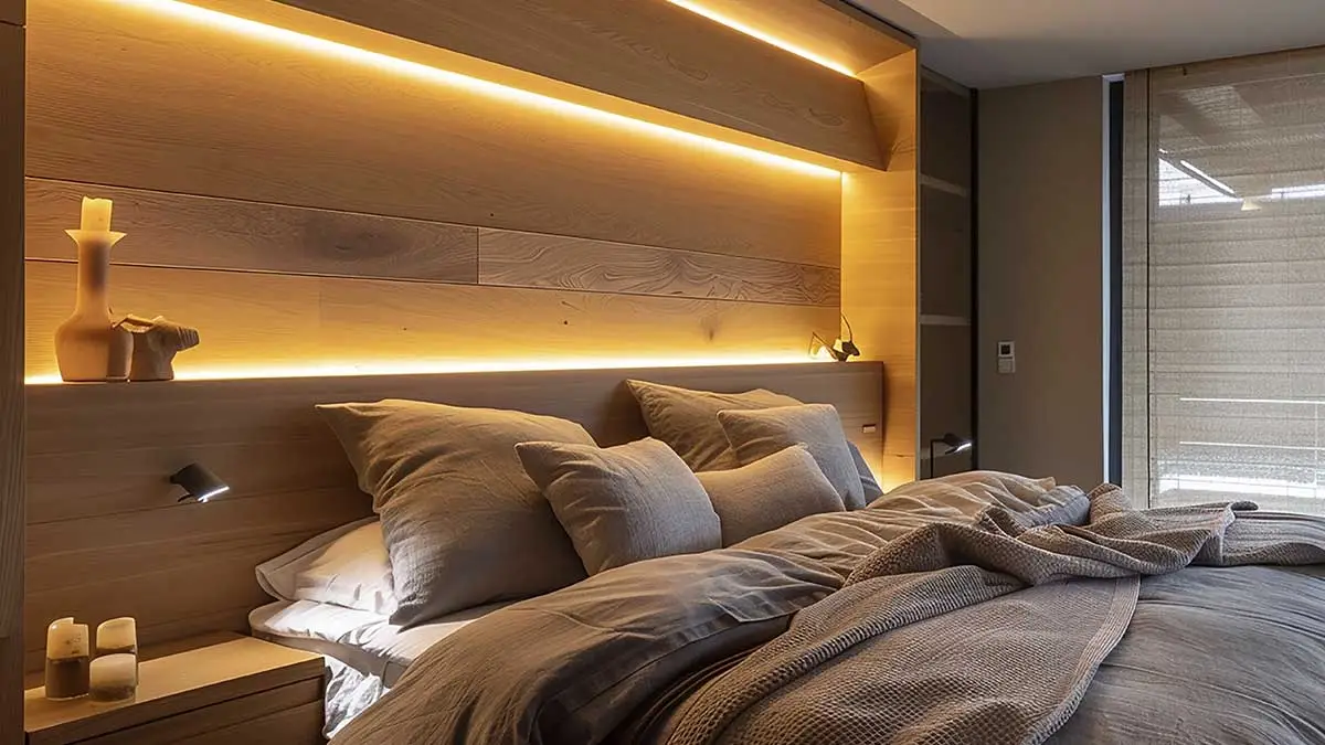 Dormitorio de diseño de luminotecnia emocional por capas luz cálida