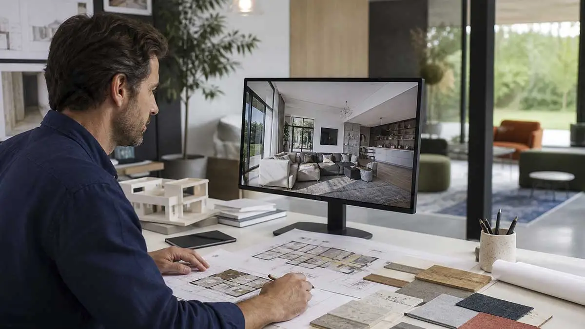 Insteriorista observa un render en una mesa con texturas y materiales