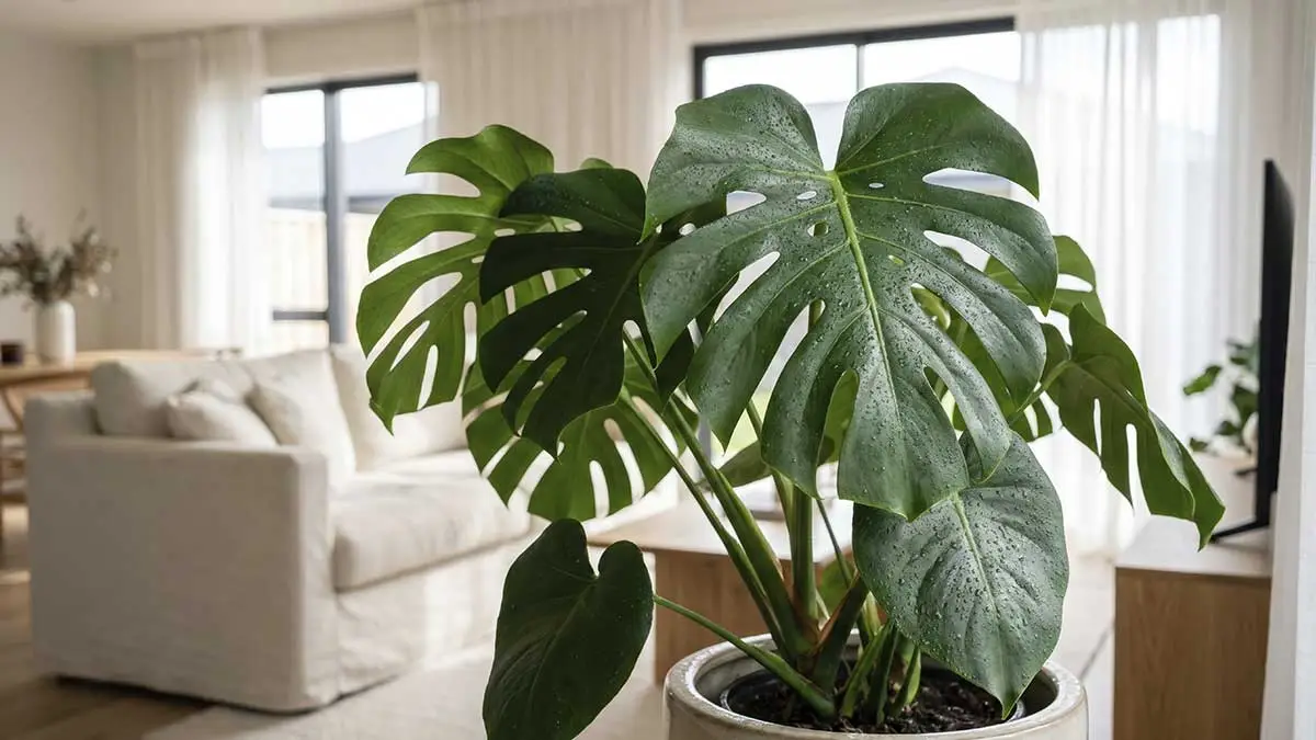 Monstera deliciosa en primer plano con salón moderno de fondo