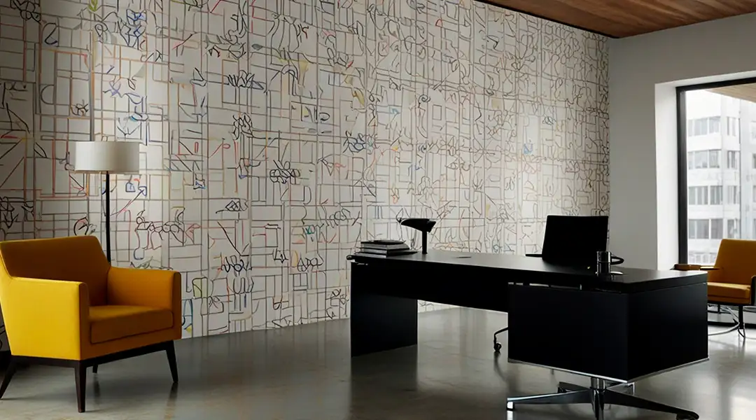 Oficina moderna con papel pintado de diseño geométrico en la pared principal.