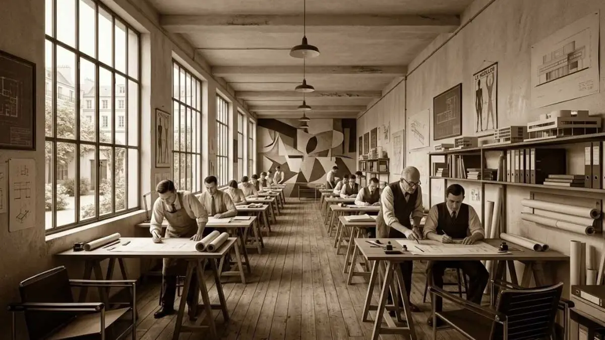 Representación fotorealista de los primeros estudios de arquitectura moderna
