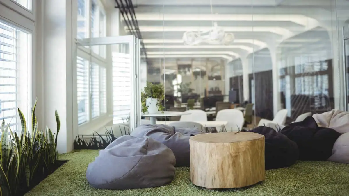 Sala de espera con asientos orgánicos y elementos naturales